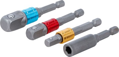 Conjunto de adaptadores para perfuradoras | várias cores | Entrada sextavado externo 6,3 mm (1/4") | Saída de quadrado externo 6,3 mm (1/4"), 10 mm (3/8"), 12,5 mm (1/2"), Hexágono interno 6,3 mm (1/4") | 4 peças 