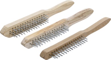 Serie di spazzole in filo d'acciaio | manico in legno | 2-3-4 file | 3 pz. 