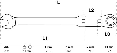 Llave combinada con carraca de doble articulación | angulable | 11 mm 