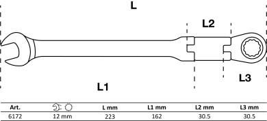 Llave combinada con carraca de doble articulación | angulable | 12 mm 