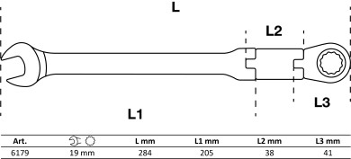 Chiave combinata a cricchetto con doppio snodo | regolabile | 19 mm 